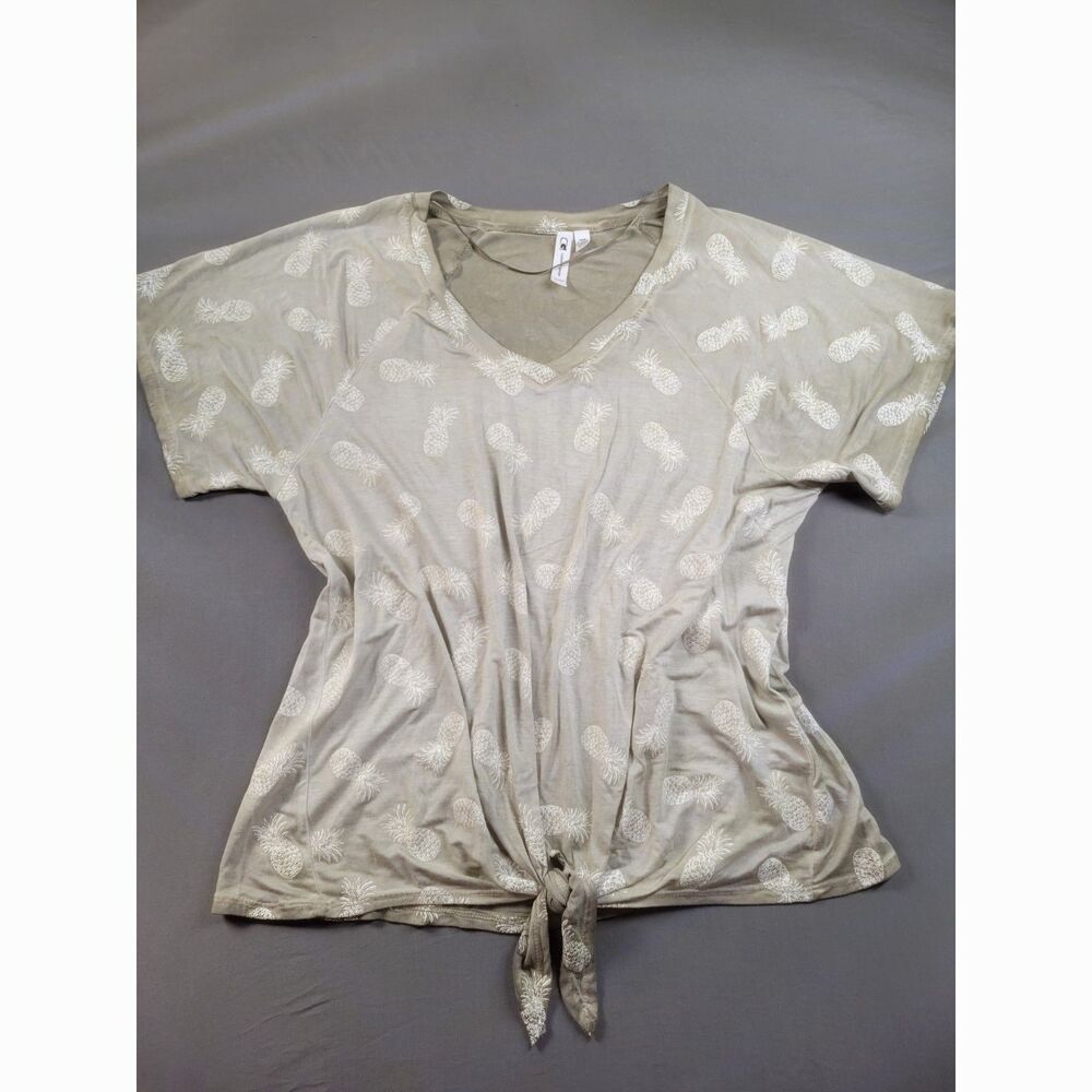 Cable Gauge Pineapple Print Tie Front V-Neck Top Medium Olive Green
